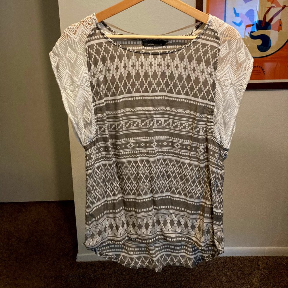 prAna Aleen Top Geometric blouse with lace capped sleeves